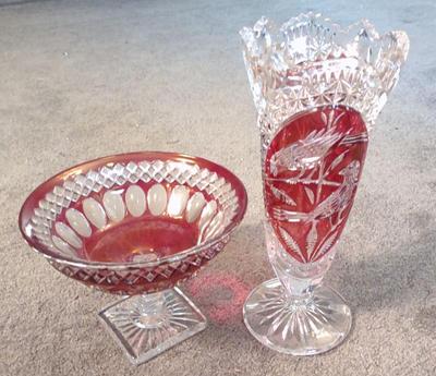 Sale Photo Thumbnail #311: 2 Ruby Red Cut to Clear Crystal Vase & Compote