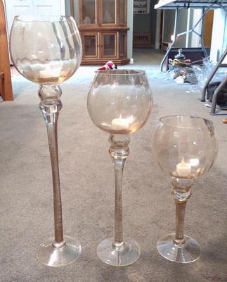 Sale Photo Thumbnail #402: 3 Amber Glass Candle Holders