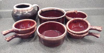 Sale Photo Thumbnail #366: Brown Drip Ware Pottery Baking Bowls & Pitcher