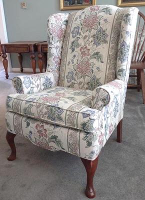 Sale Photo Thumbnail #396: Floral White Pink & Green Wingback Chair