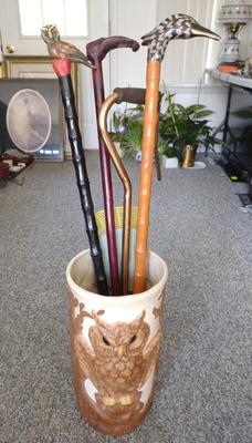 Sale Photo Thumbnail #414: Ceramic Owl Umbrella Stand & Carved Handle Canes