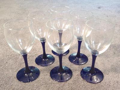 Sale Photo Thumbnail #524: 6 Blue Stemware Wine Glasses