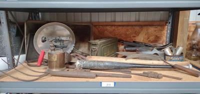 Sale Photo Thumbnail #620: Antique Hand Tools, Ammo Box, Bats & Torch