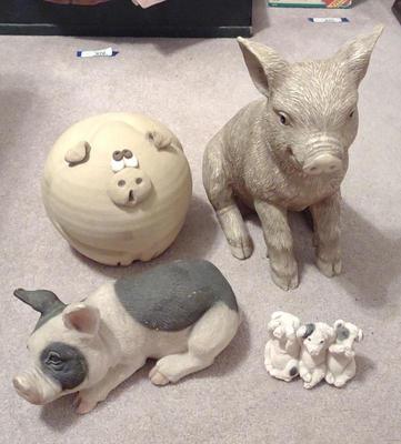 Sale Photo Thumbnail #467: 4 Decorative Pig Figures & Pottery Piggy Bank