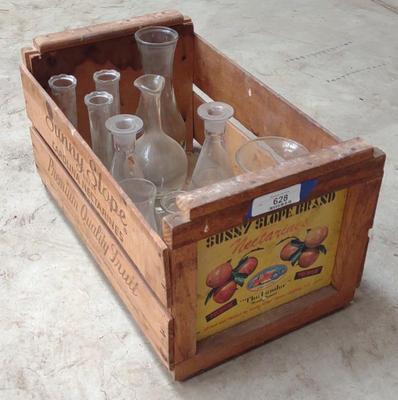 Sale Photo Thumbnail #632: Vintage Wood Peach Crate w/ Glass Vases
