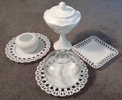 Sale Photo Thumbnail #531: Lace Milk Glass Serving Plates & Lidded Compote