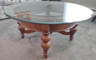 Sale Photo Thumbnail #68: Wood & Glass Round Herringbone Coffee Table