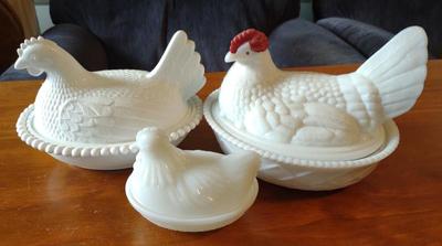 Sale Photo Thumbnail #97: 3 Vintage Glass Hen on Nest Candy Dishes