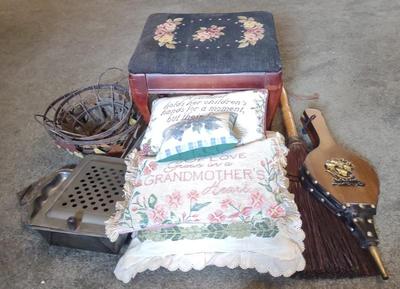 Sale Photo Thumbnail #568: Needlepoint Stool, Fireplace Bellow & Wire Baskets