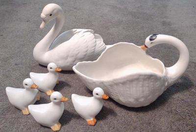 Sale Photo Thumbnail #556: Ceramic Swan Bird Figurines & Gravy Bowl