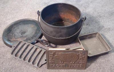 Sale Photo Thumbnail #384: Cast Iron Pot, Bacon Press & Cornbread Pan