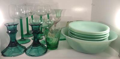 Sale Photo Thumbnail #406: Jadeite Fire King Bowls & Green Stemware Glasses