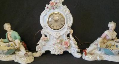 CAPODIMONTE-STYLE CLOCK AND FIGURINES