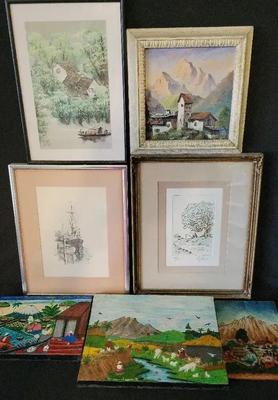 GROUPING OF SMALL PAINTINGS AND ETCHINGS 