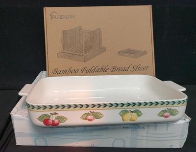 VILLEROY & BOCH FRENCH GARDEN RECTANGLE BAKER & PURENJOY BAMBOO FOLDABLE BREAD SLICER