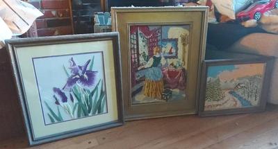 THREE COLORFUL NEEDLEPOINT ARTWORK