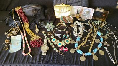 PURSES, PERFUME, 14K AND STERLING SILVER JEWELRY 