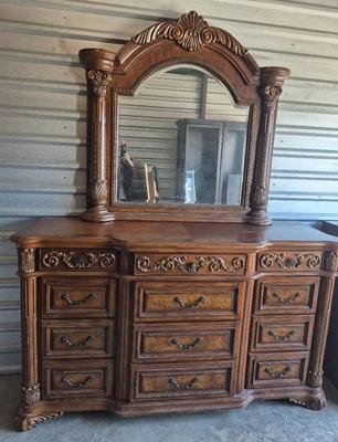 Large Ornate Wood Dresser With Mirror