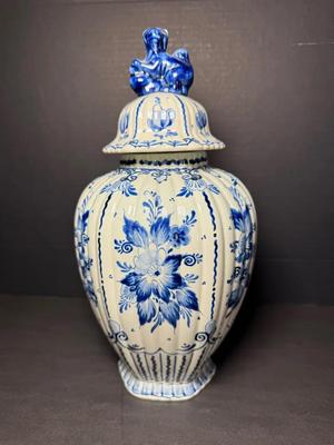 Delft Ribbed Faience Lidded Urn W/Foo Dog Top