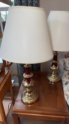 Brass & Burgundy Table Lamp Pair