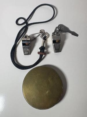 Antique Brass Cased Nautical Pocket Compass & 2 Vintage Whistles