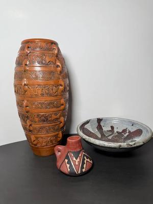 Vintage Chile DiAguita Pottery Jug, Pottery Bowl & Unmarked Urn