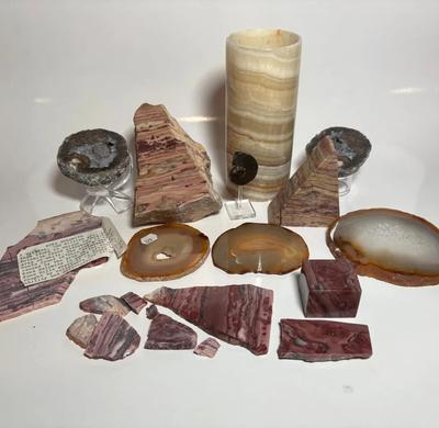 Kona Dolomite Slabs, Polished Agate Geode, Fossilized Ammonite, Dendrite Jasper & More