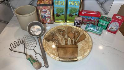 Kitchen Crock With Vintage Utensils & Collectible Tins
