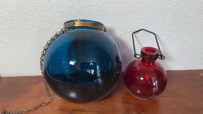 Blue & Red Glass Hanging Ball Bud Vases