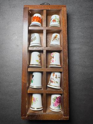 Collection of Vintage Bone China Thimbles In Wooden Display Case