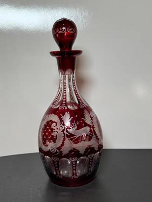 Bohemian Ruby Red Cut-To-Clear Crystal Decanter