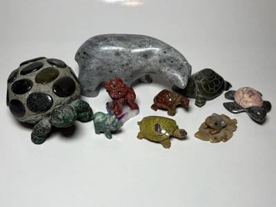 Soapstone Polar Bear, Jade Turtle & Various Other Carved Animals