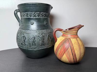 Greek Oinochoe Relief Terracotta Pottery Wine Jug & Hand-Painted Terracotta Ancient Greek Replica