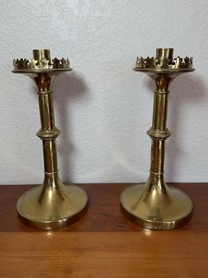 Victorian Gothic Brass Candlestick Pair