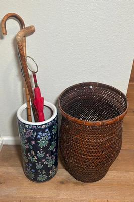18” Floral Painted Porcelain Umbrella Stand W/Canes & Vintage Umbrella & Woven Basket