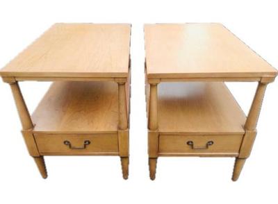 Sale Photo Thumbnail #60: Blonde Wood Footed End Tables Each With Lower Drawer Below Floating Shelf
