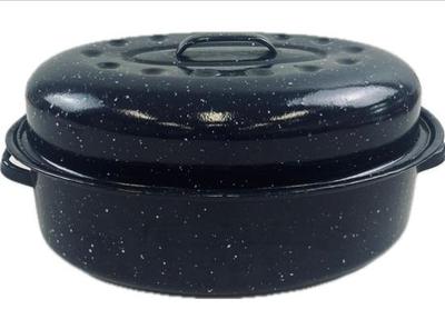 Sale Photo Thumbnail #132: Vintage Black Speckled Enamel -Oval Roaster Pan W/Lid