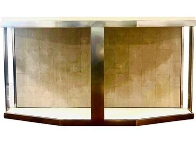 Sale Photo Thumbnail #1: Large Contemporary Pier Table - Brushed Metal, Shagreen Detailing, & Oak Surface