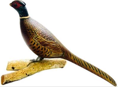 Sale Photo Thumbnail #157: Signed Miniature Decoy - "James Ahern" - Ring-Neck Pheasant - Mounted On Birch Branch Base