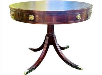 Sale Photo Thumbnail #38: Duncan Phyfe Style Drum Table With Tooled Leather Surface, Single Drawer, & Brass Casters