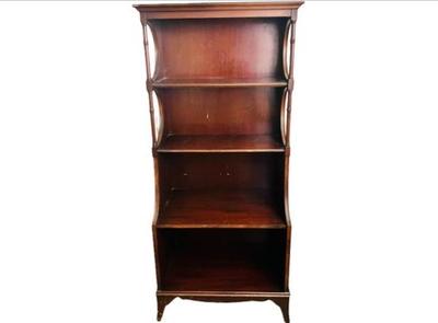 Sale Photo Thumbnail #46: Sheraton Style Mahogany Etagere Bookcase - Turned Pilaster Columns & Splayed Feet - Orig Label "Imperial"