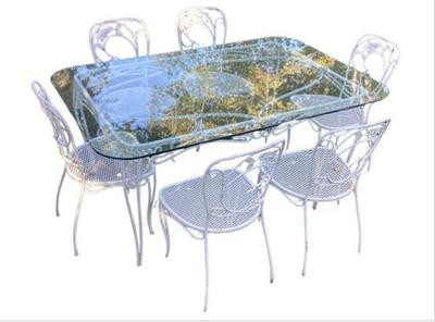 Sale Photo Thumbnail #31: Vintage Wrought Iron Dining Set - Glass Top Garden Table & Six Matching Chairs With Dogwood Floral Ironwork