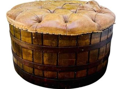 Sale Photo Thumbnail #10: Leather Topped Wine Barrel Style Ottoman