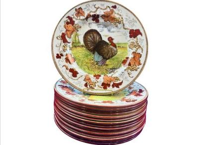 Sale Photo Thumbnail #200: Wedgwood Etruria Transferware Plates - Thanksgiving Turkey Design