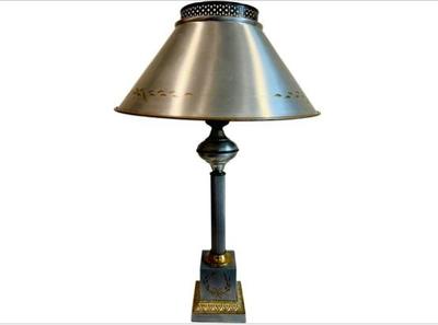 Sale Photo Thumbnail #71: Empire Style Table Lamp With Matching Toleware Shade & With Interior Milk Glass Torchiere Fitting