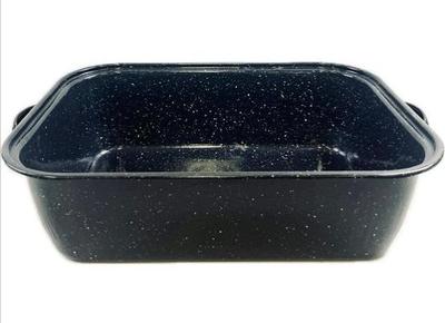 Sale Photo Thumbnail #130: Vintage Black White Speckled Enamelware Roasting Pan