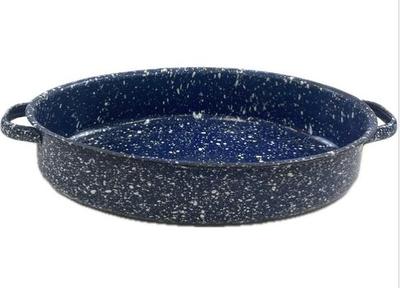 Sale Photo Thumbnail #129: Vintage Blue White Speckled Enamelware Small Oval Roasting Pan