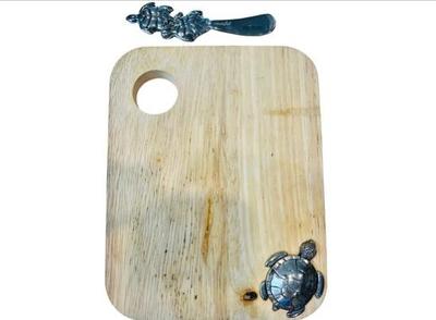 Sale Photo Thumbnail #140: Wooden Cheese Board & Knife With Turtle Silver Accents - Signed Mudpie