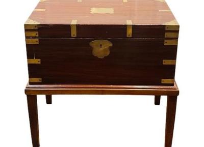 Sale Photo Thumbnail #2: 19th Century Mahogany Campaign Desk On Custom Stand - Interior Fittings & Compartments - Brass