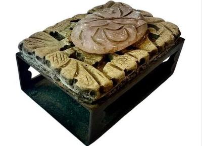 Sale Photo Thumbnail #27: Vintage Chinese Match Cover With Carved Soapstone & Rose Quartz Surface Detailing